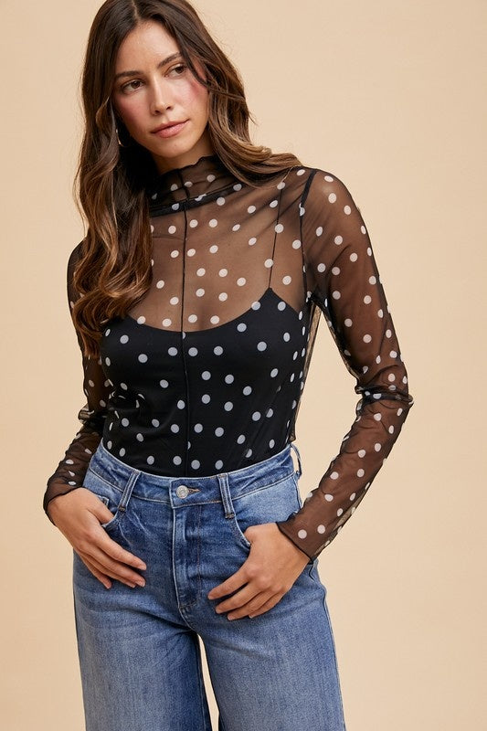 Polka Dot Stretch Mesh Top