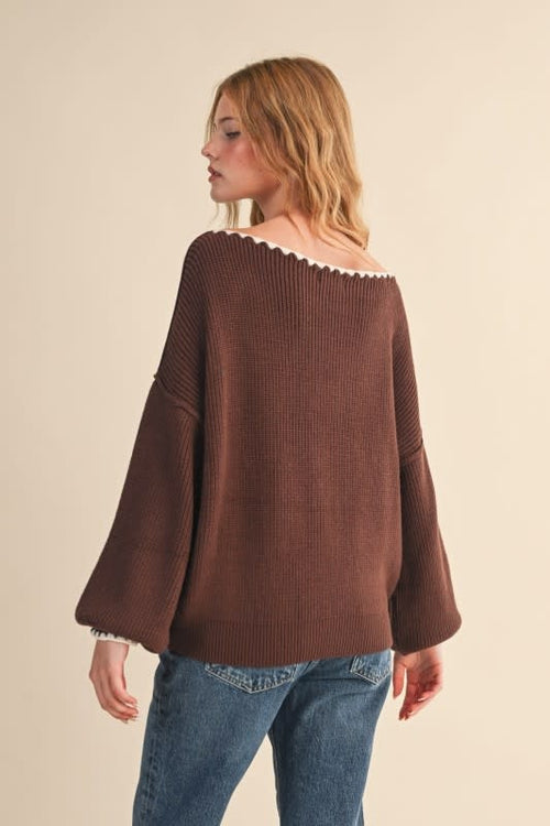 &Merci Boatneck Triangle Stitch Puff Sleeve Sweater