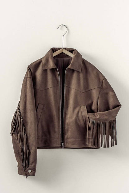 Trend Notes Fringe Detail Suede Zip Jacket