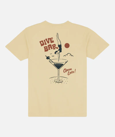 Jetty Dive Bar Tee in apricot with coastal graphic design and relaxed everyday fit.