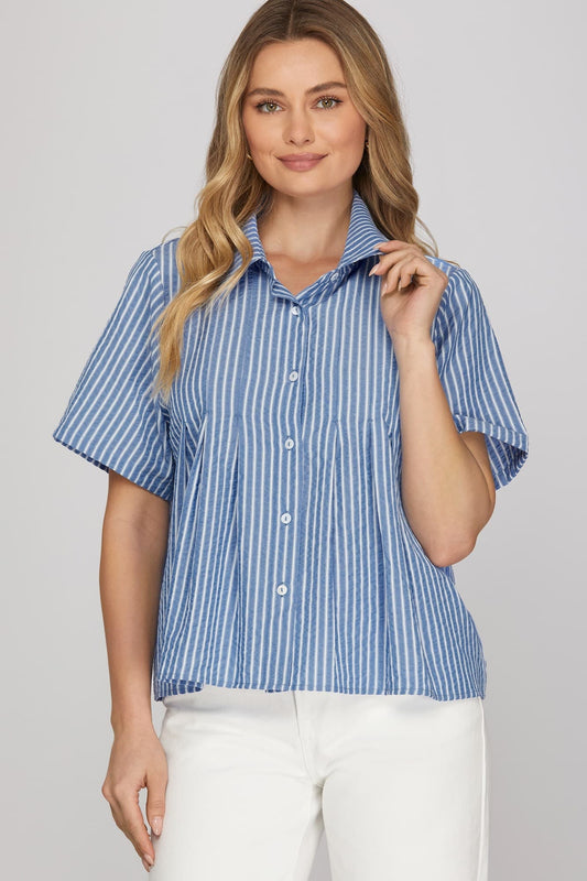 She + Sky Short Sleeve Woven Striped Shirt ST1163