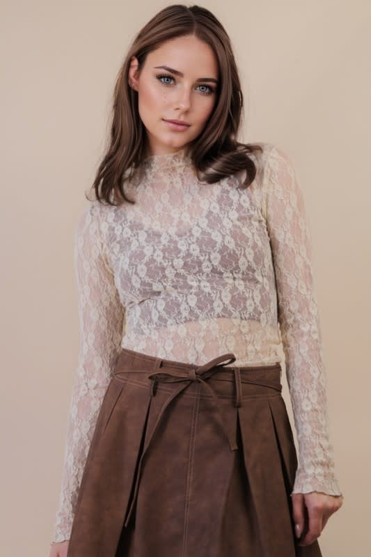 Very J High Neck Fitted Sheer Mesh Lace Knit Top