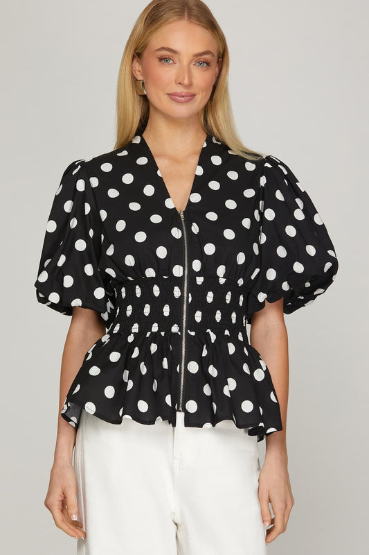 She + Sky Puff Sleeve Polka Dot Top