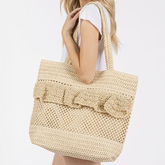 Joberry Ruffle Detail Crochet Straw Bag