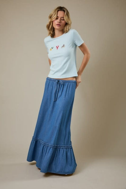 Sunday Edition Tiered Denim Maxi Skirt