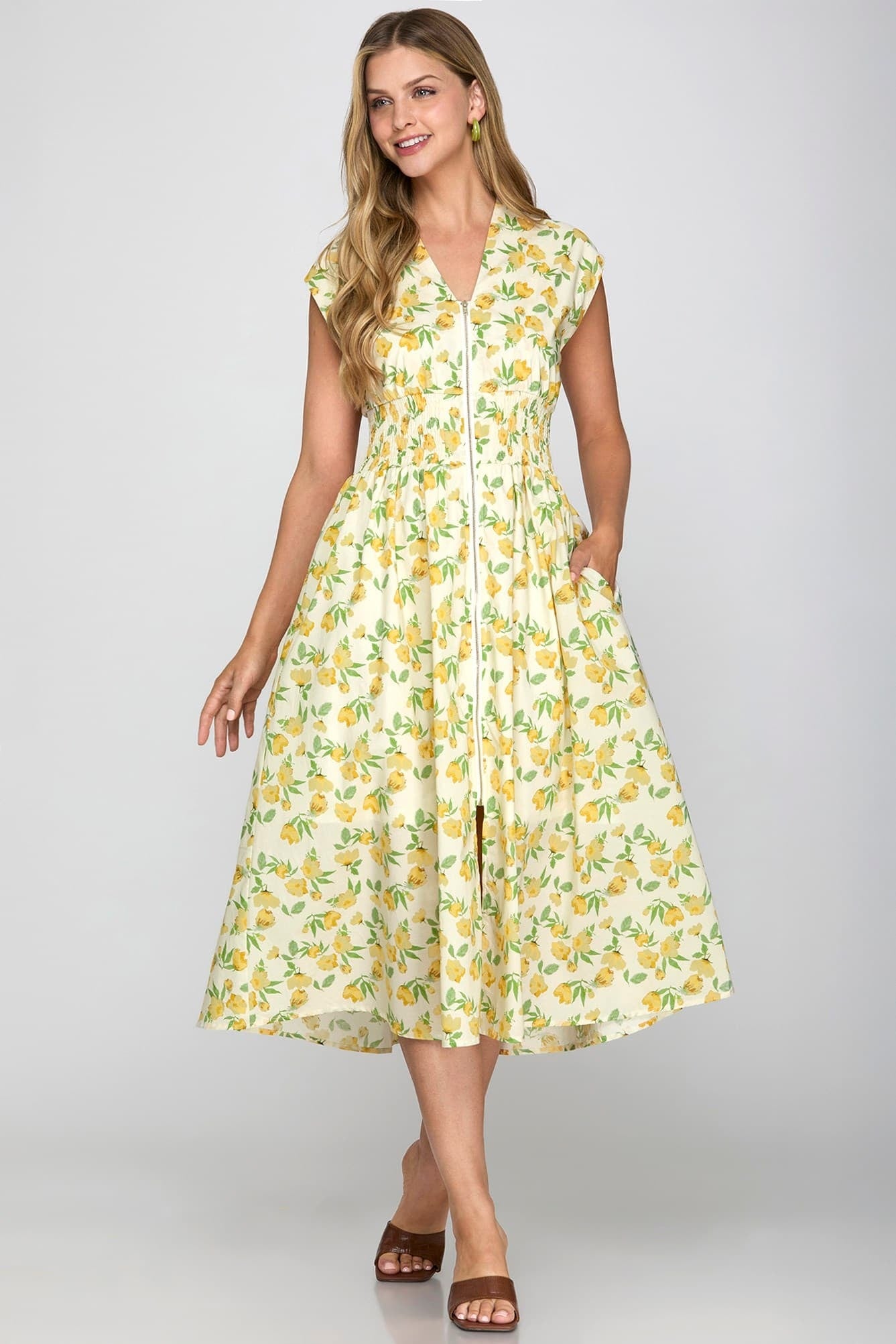She + Sky Front Zip Printed Midi Dress