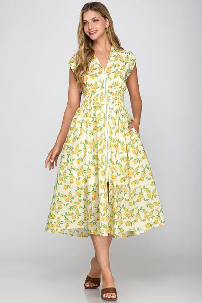 She + Sky Front Zip Printed Midi Dress