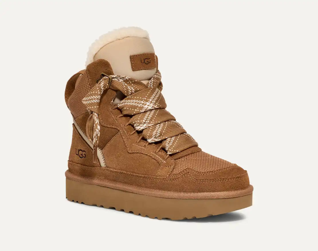 Women’s UGG Highmel bootie in chestnut suede and mesh with a lightweight SugarSole EVA outsole.