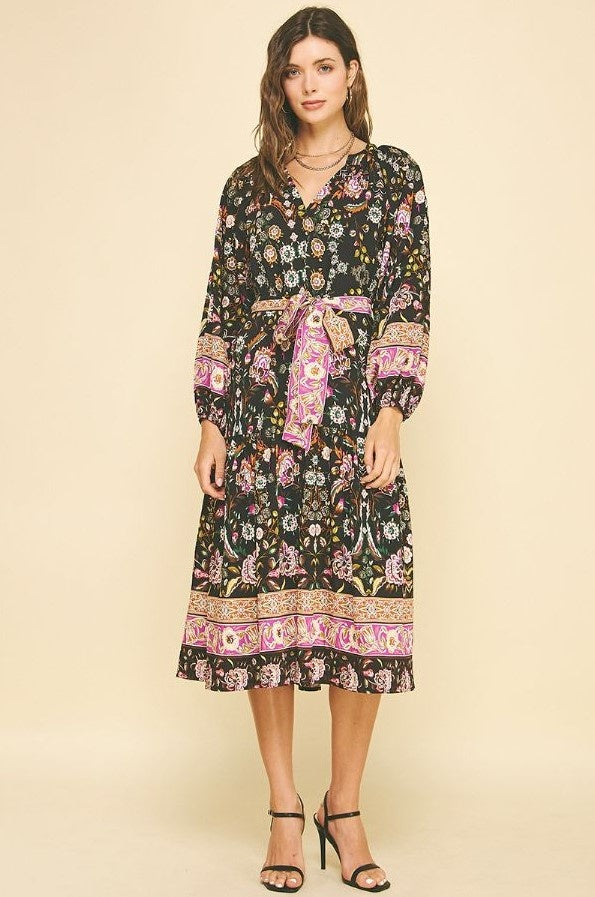 Pinch Patterned Dress with Waist Tie