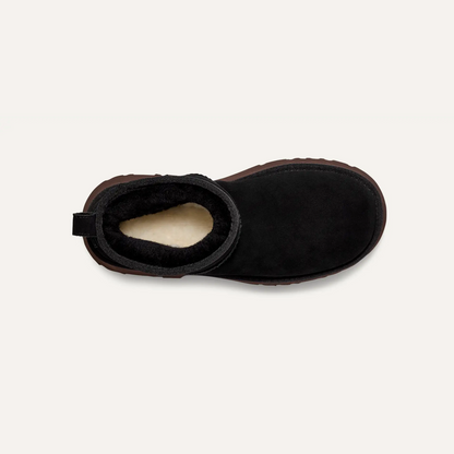 Women’s UGG Classic Ultra Mini New Heights boot in black suede with UGGplush lining and a chunky platform sole.