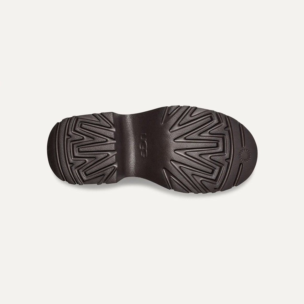 Women’s UGG Classic Ultra Mini New Heights boot in black suede with UGGplush lining and a chunky platform sole.