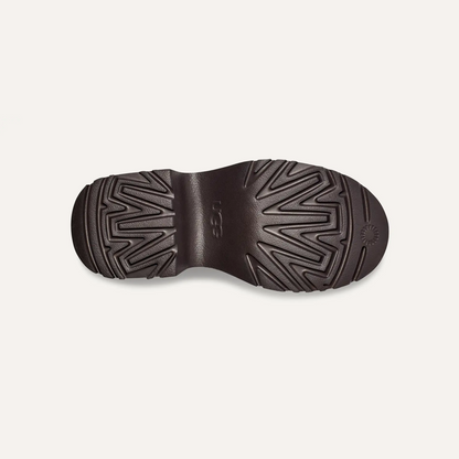 Women’s UGG Classic Ultra Mini New Heights boot in black suede with UGGplush lining and a chunky platform sole.