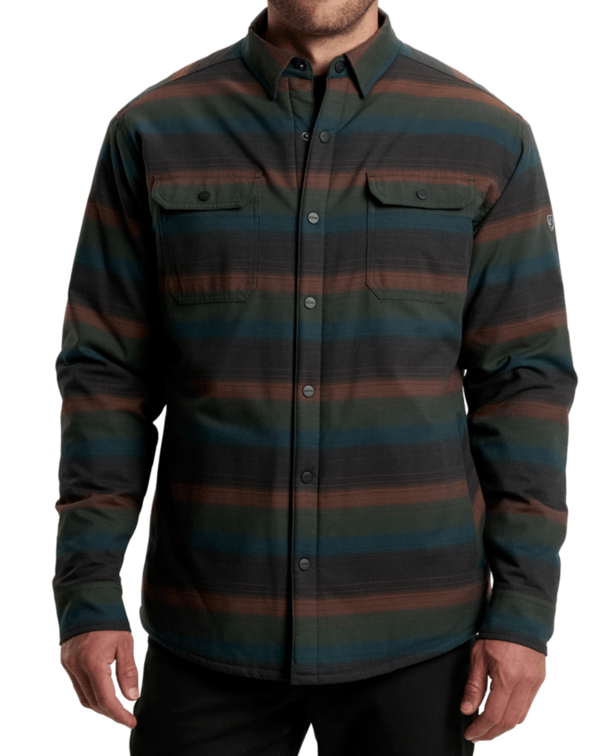 Kuhl Joyridr Striped shirt with green and brown pattern on a white background