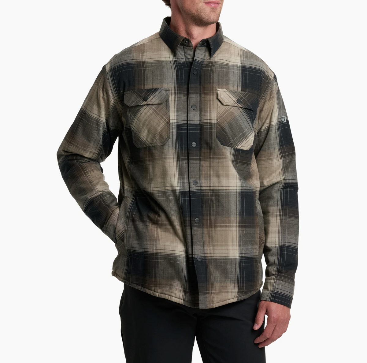 Kuhl Joyridr Plaid shirt worn by a person on a white background