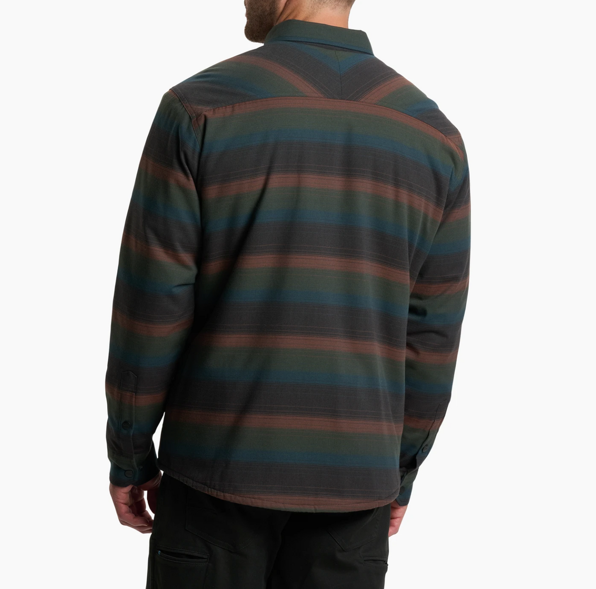 Person wearing a Kuhl Joyridr long-sleeve shirt with horizontal stripes on a white background