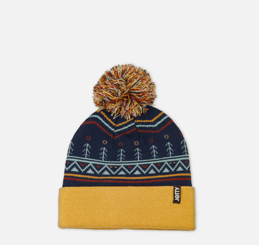Jetty Alpine Logo Beanie in navy rib knit with Alpine patch and snug fit.
