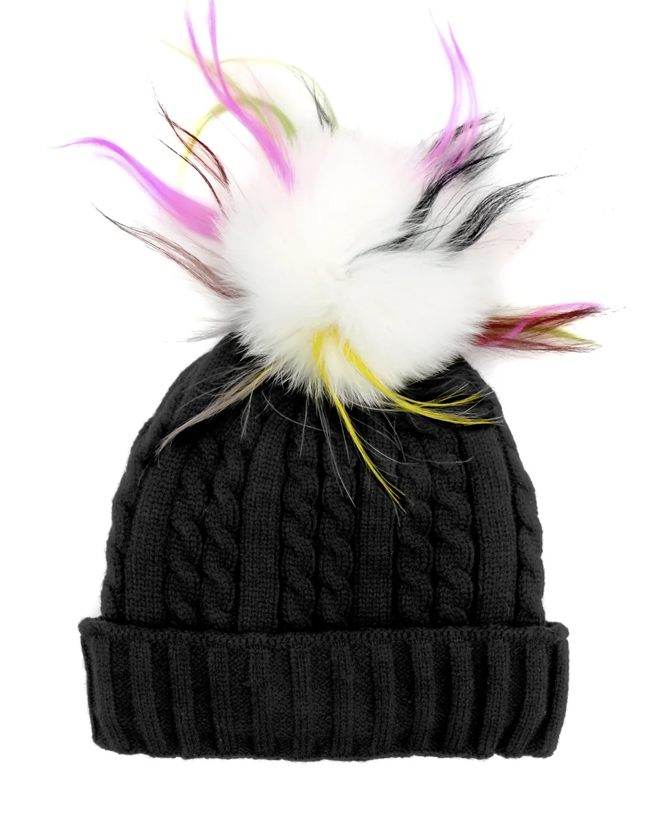 Mitchie's Matchings Cable Knit Hat with Multi Fox Pom