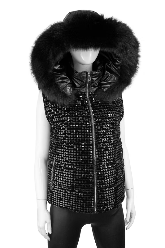 Mitchie's Matchings Sequin Vest with Fox Fur Trim