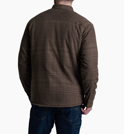 Kuhl Joyridr Brown plaid shirt worn by a person on a white background