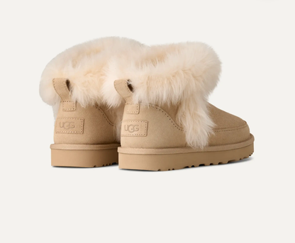 Women’s UGG Classic Ultra Mini Chalet boot in Sandcastle quilted nylon with UGGplush lining and a low ankle‑height silhouette.