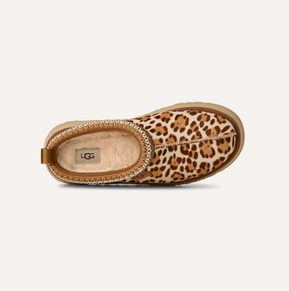 Women’s UGG Tazz Plains slipper in leopard‑print suede with plush UGGplush lining and a lightweight platform sole.